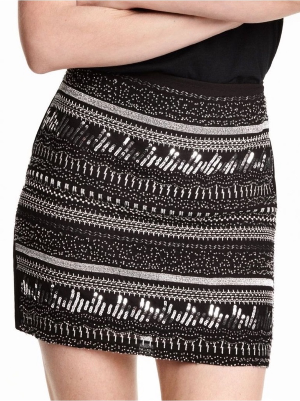 H&M Black Embellished Silver sequin beaded mini skirt micro Size 8 Festival